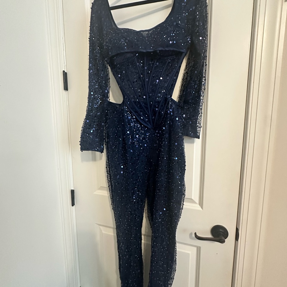 PrettyLittleThing Navy Sequin Jumpsuit